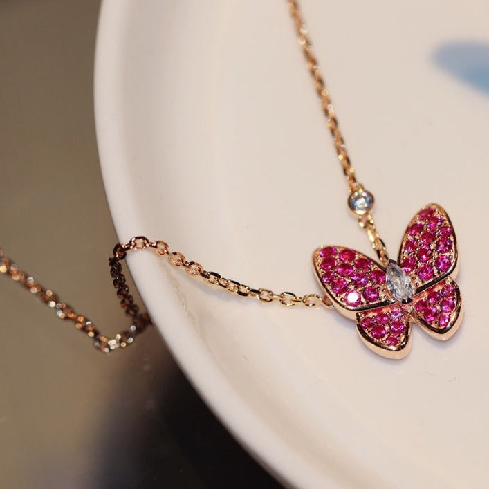 [Glow Muse]BUTTERFLY RED DIAMOND ROSE GOLD NECKLACE