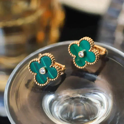 [Glow Muse]CLOVER MEDIUM 1 MOTIFS MALACHITE DIAMOND EARRINGS