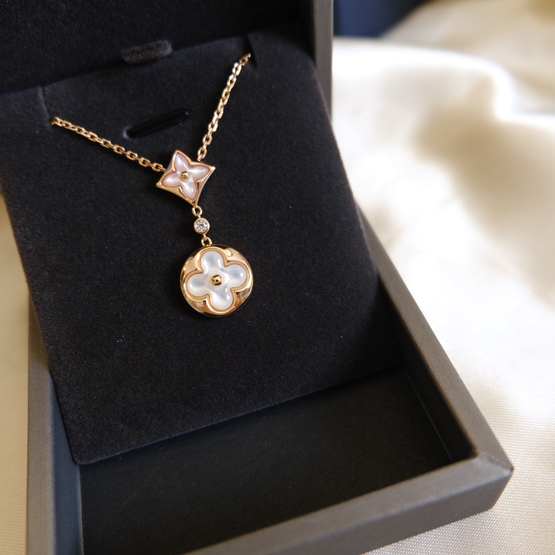 [Glow Muse]STAR AND SUN WHITE MOP 2 MOTIF PINK GOLD NECKLACE