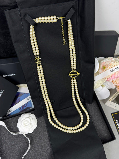 [Glow Muse]25K Pencil Double C Double-Layer Pearl Sweater Chain